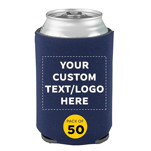 DISCOUNT PROMOS Custom Collapsible Beer Can Coolers 4mm Set of 50, Personalized Bulk Pack - Great for Beer, Soda, Other Beverages - Navy Blue