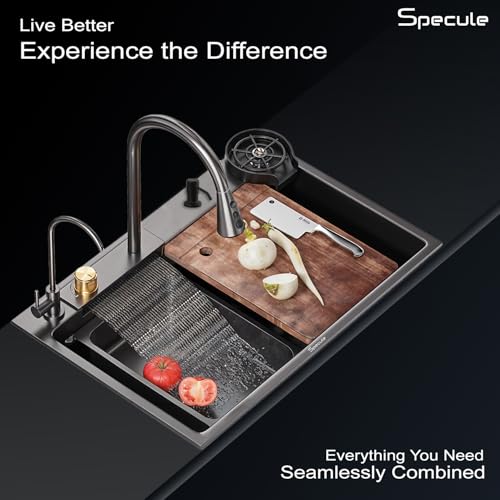 Image of Kitchen Sink 24x18x9 inch Waterfall Sink with Anti Scratch Honeycomb Design | Integrated Waterfall and Pull-down Faucet Set | Stainless Steel Basin Sinks with Cup washer and Drain Baskets
