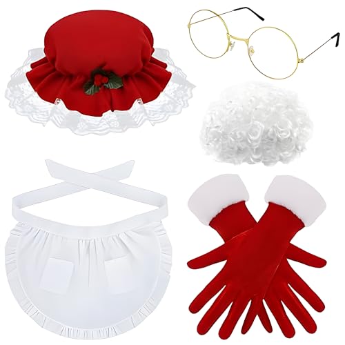5-Piece Mrs Claus Costume Set for Women | Old Lady Fancy Dress Outfit with Wig Hat Apron & Gloves Glasses | Premium Comfort & Adjustable Fit | Perfect for Parties Role-Play & Family Events