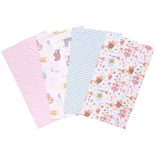 Elephants and Owls 4 Pack Flannel Burp Cloth Set - 4 Deluxe Flannel Burp Cloths, Chevron (2), Elephants and Owls Scatter Print, Pink, Green, Brown and White, 11.5 in x 20 in