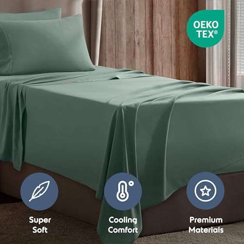 Image of Nestl Twin Bed Sheet Set - Sage Green - 3-Piece Deep Pocket | Instantly Soft, Night-One Ready (No Wash Required). Fits 16-Inch Deep Pockets, 360-Degree Elastic Grip