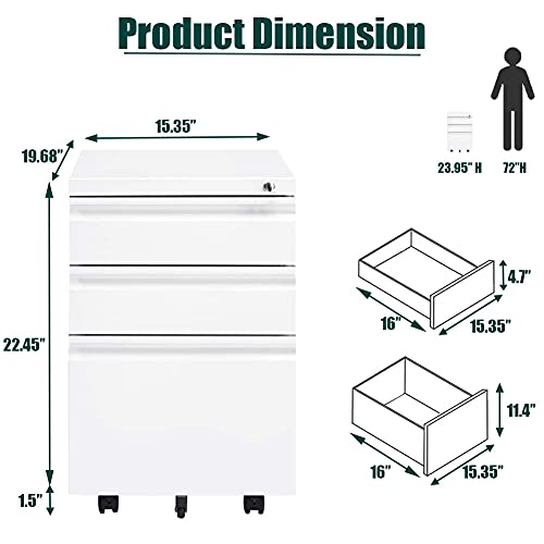Googic 3-Drawer Mobile File Cabinets Rolling Metal Filing Cabinet For Legal & Letter File Anti-Tilt Design With Lock Under Desk Office Drawers Fully Assembled Except Casters Elegant White #TOP5