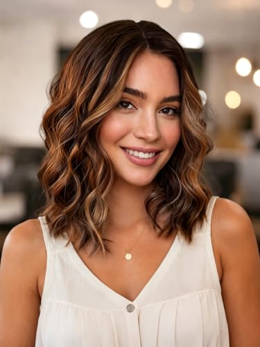 Image of Eawwii Wigs for Women Brown Caramel Highlight,Short Wavy Synthetic Lace Wig | Glueless 4x1 Lace Hairline, Heat-Resistant Fiber,Bob Wave Style,Natural Appearance for Everyday Cosplay 14 Inch