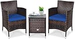 DORTALA Wicker Patio Furniture Set 3 Piece, Outdoor All-Weather Table and Chairs for 2 with Cushions, Rattan Balcony Conversation Sofa Set for Porch, Backyard, Deck, Navy