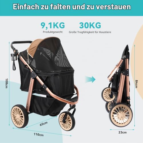 DAISTERN Hundebuggy bis 30KG, Klappbarer Aluminium-Hundewagen, Gepolsterte Liegefläche, Schwenkbares Vorderrad, Große Hinterrad, Hinterradbremsen, Verstellbarer Griff, Sicherheitsleine