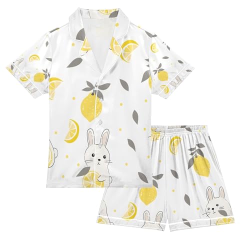 senya Rabbit with Lemon Satin Summer Pajama Sets Silk Short Sleeve Button Down Sleepwear