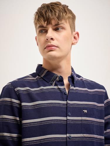 Image of THE BEAR HOUSE Men Spread Collar Vertical Striped Cotton Slim Fit Casual Shirt