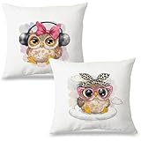 Exqcom Coquette Bow Owl Pillow Covers 18x18 Set of 2, Trendy Cute Owl Throw Pillow Covers for Girls Bedroom Dorm Home, Girly Room Decor Aesthetic, Gifts for Owls Lovers Women