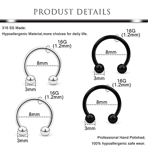 Hoeudjo 16g Lip Rings Stainless Steel Snake Bite Piercing Jewelry Labret Jewelry Medusa Piercing Jewelry Spiral Barbell Helix Tragus Earrings Hoop Horseshoe Septum Ring Cartilage Piercings2