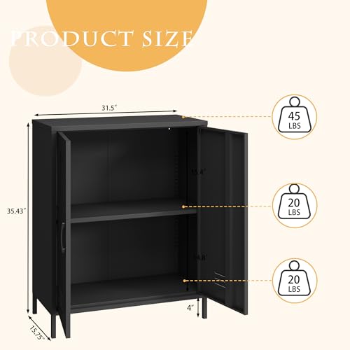 Steehoom Metal Storage Cabinet with 2 Door, Steel Locker Sideboard Buffet Cabinet Console Table for Home Office (Black, H35.43'')