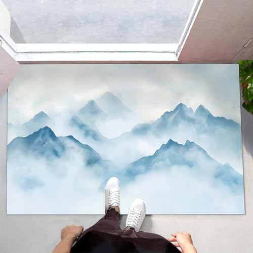 Tapis de porte 60x90cm montagne bleue imperméable et lavable