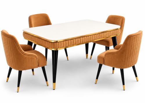 Image of WOODEN SPACE 4 Seater Wooden Dining Table Set | Urban Marble Top Dining Table with Chairs for Dining Room & Kitchen (Modern Zyro Mustard) (54 x 36 x 30 inch)