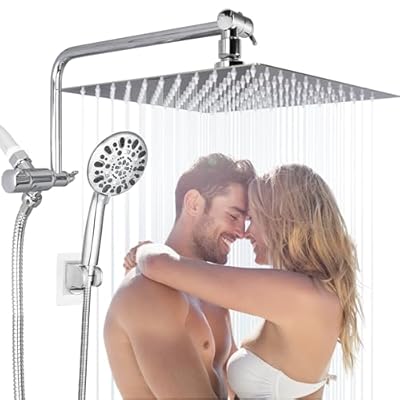 Rain Shower Head with Handheld Head High Pressure 12" Large Rainfall Showerhead+7-Spray Handheld Head Combo, 11" Shower Extension Arm, 71" Hose, 3 Settings Diverter, Chrome