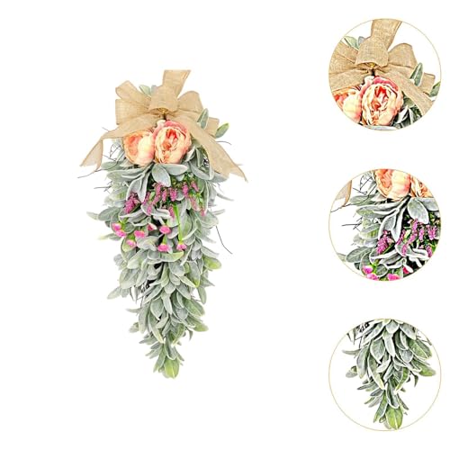 Teardrop Swag Decorative Spring Summer Hanging Decor for Holiday Door Garden, Mixed Floral Flower Teardrop Wreath with Burlap Floral Arrangement for Door Wall Mantel Window - Image 4