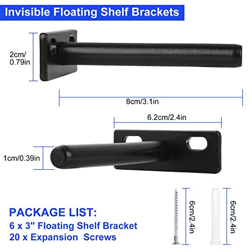 6Pcs 3 Inch Floating Shelf Bracket Small Blind Shelf Supports Invisible Brackets For Floating Wood Shelves Solid Steel Hidden Float Shelf Bracket Hardware With Set Screws - Black #TOP1