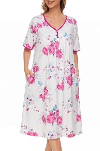 Image of AVIIER Nightgows for Women Soft Cotton Night Shirts Short Sleeve Sleepwear with Pockets