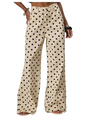 MakeMeChic Womens Polka Dots Loose Fit Wide Leg Jeans Beige 27