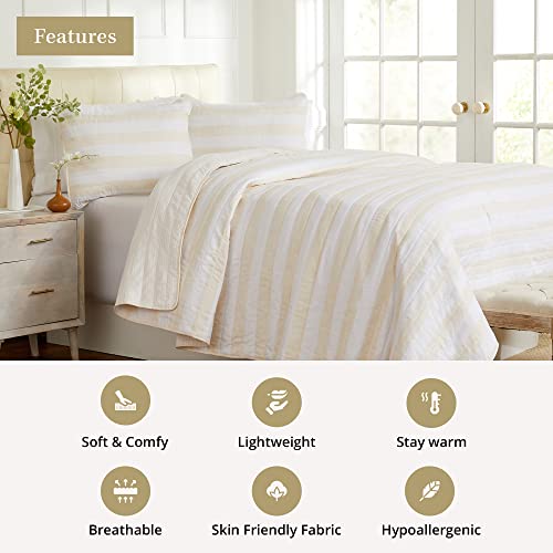 3 Piece Full/Queen Quilt Set With Sham | Soft & Breathable For Spring & Summer | All-Season Multi Layer Coverlet | Lightweight Bedspread | Boho Stripes | Bettina Collection (Full/Queen, Parchment) #TOP1