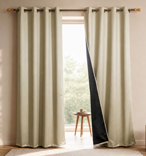 Image of HOMEMONDE 100% True Blackout Curtains 8 Feet Long - Pack of 2 Curtains| Embossed Design | Light Block Thermal Insulated & Noise Reducing Room Darkening Curtains (Beige, 96Inch)