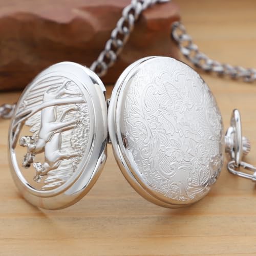 Reloj de bolsillo para hombre con doble ciervo plata y esfera negra Deer-03 7