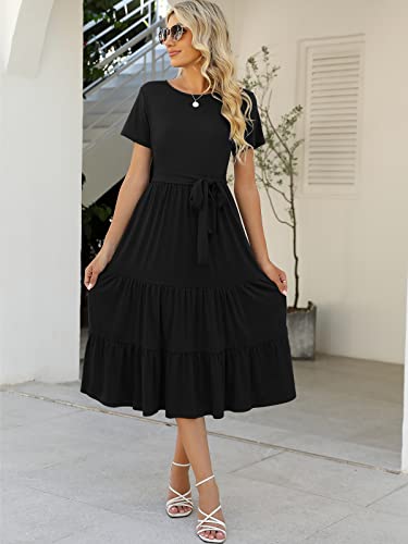 Image of Lyrur Women's Dresses Casual Summer Tiered Midi Dress Short Sleeve Belted Ruffle Babydoll Boho Sundress with Pockets