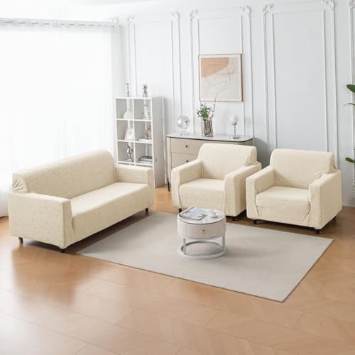 Image of House of Quirk Universal Jacquard Fabric Sofa Cover - Soft, Stretchable Couch Slipcover, Flexible Fit, Wrinkle-Resistant & Easy to Clean (Beige, One Seater)