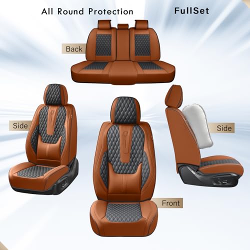 Image of Coverado Car Seat Covers Full Set, Nappa Leather Seat Covers for Car, Waterproof Car Seat Protector with Lumbar Support, Automotive Seat Covers Universal Fit for Most Cars SUV Trucks (Brown-Black)