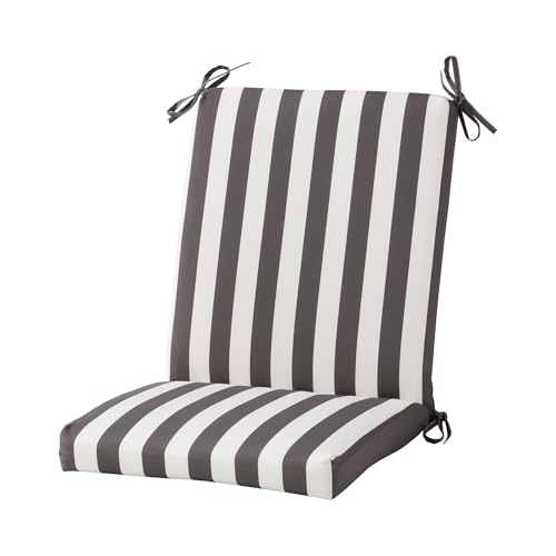 High Back Outdoor Chair Cushion – Hinged Patio Chair Pad with Removable Cover, Reversible Cushion with Ties, Durable Polyester Fabric, Eco-Friendly Recycled Polyfiber Fill, Canopy Stripe Gray