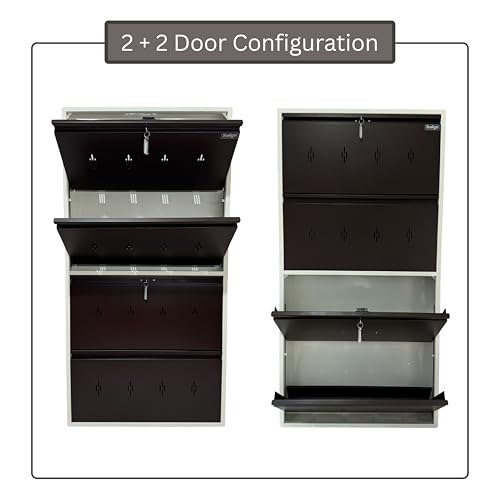 Image of Premium 4 Door Wall Mount Metal Shoe Rack | 30 inch Wide | Fits Size 12 | Dual Lock 2+2 Door Setup (Dark Brown, 4 Door)
