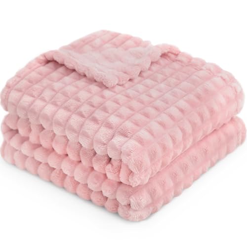 Image of HOMRITAR Baby Blanket for Girls Super Soft Fuzzy Cozy Warm Toddler Blanket with 3D Jacquard Square Grid Design, Lightweight Flannel Bed Blankets for All Seasons Pink 30 x 40 Inch