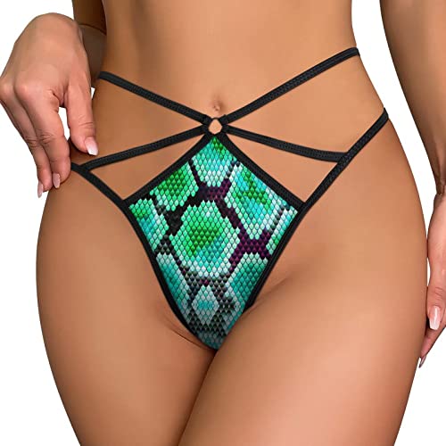 Women's T-Back Thong, Green Snake Skin Pattern Printed Low Rise G-String Panty, Strappy Lingerie Underwear #TOP30