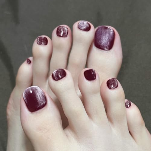 Artquee Burgundy Cat Eye Press on Toenails for Women Short Fake Toe Nails with Adhesive Reusable Square Glossy Full Cover Tip Toenail Kit - 30 Pcs in 15 Sizes