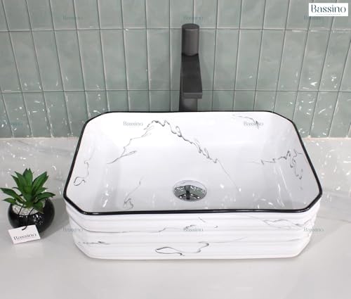 Image of BASSINO 18x13x5 Inches Ceramic Counter Top Wash Basin /White & Black Marble Print Basin for Bathroom /Rectangular Shape Tabletop Washbasin for Restaurant /Dining Hall /Living Room /Home(Glossy)