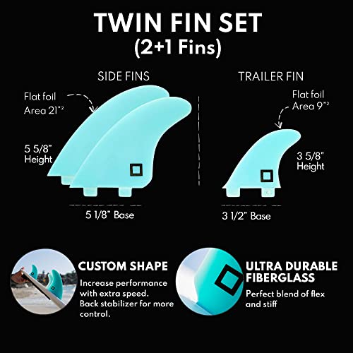 Surf Squared Twin Fin Set + Trailer Fin (2+1 Fins) - Solid Fiberglass For Lightweight Durability & Top Performance - Compatible With Fcs1 Twin Tab Surfboards, Shortboard, Fish - Mint #TOP3