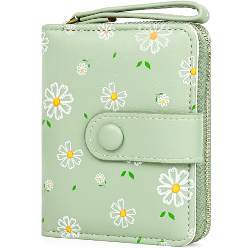 Busnos Women's Wallet Small Wallets for Women Cute Ladies Wallets Bifold Flower Wallet Womens With Zipper Green Women's Coin Pocket Purses Card Holder for Women