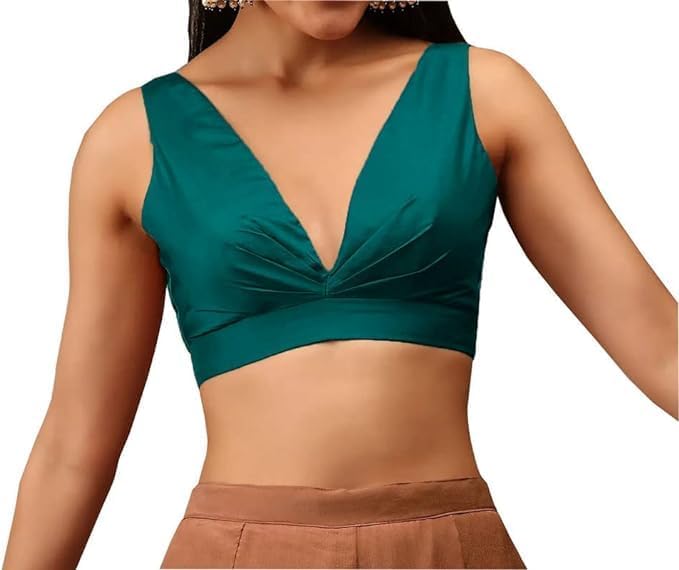 Readymade Indian Bollywood Satin Silk Saree Blouse Women's Solid Plain Top Sleeveless, V-Neckline Sari Choli