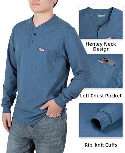 Image of BOCOMAL FR Shirts for Men Long Sleeve EX Soft Flame Resistant Henley CAT2 | NFPA2112 6oz Midweight Cotton Knit Heather Series,Moisture-Wicking /Breathable,Chest Pocket,Rib-Knit Cuffs,Summer Work T Shirt