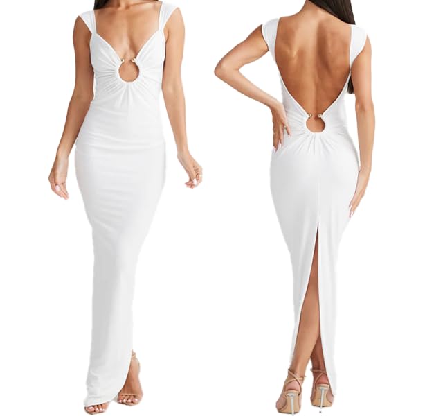 Image of Women Sexy Backless Dress V Neck Sleeveless Bodycon Backless High Slit Maxi Long Party Cocktail Wedding Dress