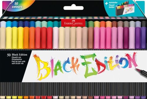 Faber-Castell 116454 - Étui support 50 feutres pinceau Black Edition assortis - Couleurs assorties