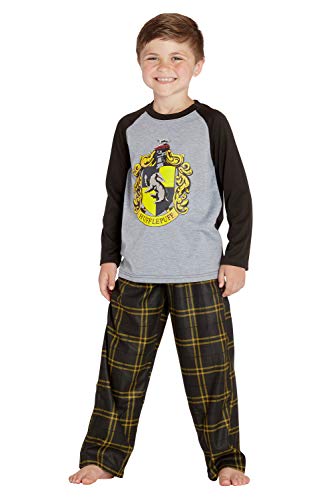 Harry Potter Pijama para niños pequeños y grandes, conjunto de camisa raglán y pantalones a cuadros, Gryffindor, Ravenclaw, Slytherin, Hufflepuff, Hufflepuff Negro/Amarillo, Small / 6-7