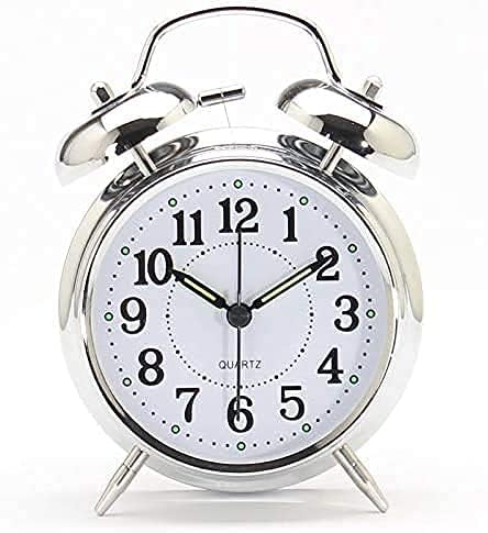 BuntyChiku Metal Analog Alarm Clock Twin Bell Silver 4" Extra Loud Quartz Battery Operated with Backlight, Silent Non-Ticking, Vintage Retro Antique Decorative Old School