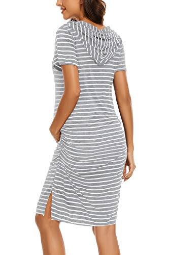 Wooxio Women's Maternity Hoodie Dress Short Sleeve Split Side Ruched Pregnancy Clothes Medium, Light Grey Stripe #TOP3