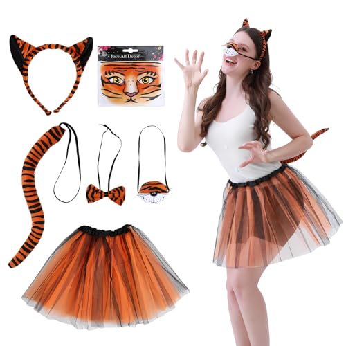 Dozesheep 6Pcs Halloween Tiger Costume Set, Animal Costume Tiger Ears Headband Tail Nose Bow Tie Face Sticker Tutu Skirt Fancy Dress Up for Women Men Halloween Cosplay Party Accessories