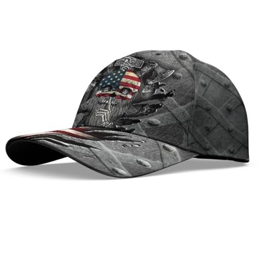 Image of Viking American Flag Skull Cap for Men, Viking Skull Us Flag Skeleton Gothic Horror, Adjustable Caps for Men Women