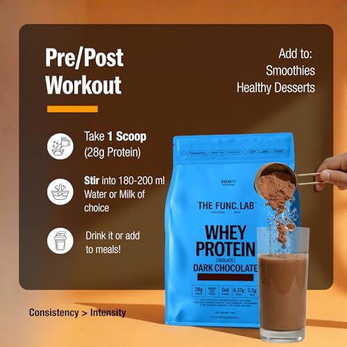 Image of The Func. Lab Whey Protein Isolate - Dark Chocolate | 500g | Grass‑Fed, 28g Protein, 6.37g BCAA per Scoop | High Protein Supplement for Muscle Growth, Digestion and Absorption Support