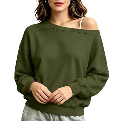 Womens Fleece Lined Off Shoulder Sweatshirt Long Sleeve Loose Fit Soft Cozy Pullover Casual Lounge Fall Winter Tops Army Green