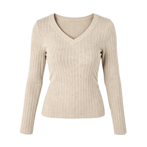NEKSVTH Long Sleeve Shirts For Women Beige L - Lightweight V Neck Long Sleeve Shirts Cute Fall Winter Cozy Knit Pullover Casual Dressy Tunic Tops - image 4