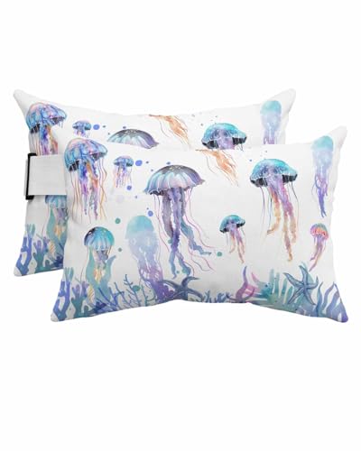 Anzona Pack of 4 Coastal Jellyfish Lumbar Pillow Covers, Outdoor Waterproof Throw Pillow Covers Set, Summer Beach Nautical Ocean Decorative Cushion Case for Patio Beach, 11x16 Inch