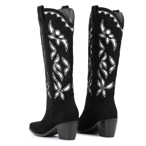Image of LingxiaUne Cowboy Boots for Women Floral Cowgirl Boots with Pointed Toe and Chunky Heel Mid Calf Western Boot for Concert Festival Country Night Party