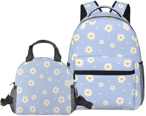 2pcs Daisy Floral Flower Prints Backpack Gifts For Teen Girls Boys, Bookbag And Lunch Bag Set, School Daypack Students Knapsack